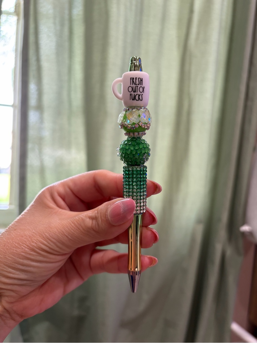 Beaded Green Crystal Pen with 'Fresh Out of Fucks' Charm